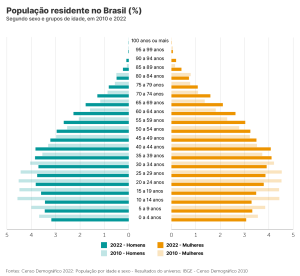 Pirâmide etária de acordo com o censo de 2022. Tendências de envelhecimento da população é observado no gráfico.