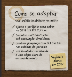 Anotação em estilo guardanapo com o título “Como se adaptar”. Abaixo há quatro itens com marcas de verificação. Ajustar o portfólio para o SFH até R$ 2,25 milhões. Trabalhar com vários bancos e pré-aprovação simultânea. Combinar poupança com LCI CRI LIG nas esteiras do parceiro. Usar simulador no estande com régua clara de encaminhamento. Um post-it amarelo indica Vigência plena em 2027.