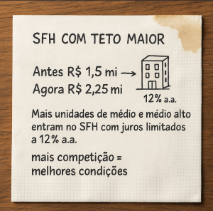 Cartão informativo mostra que o teto do SFH mudou de R$ 1,5 mi para R$ 2,25 mi, com juros limitados a 12% ao ano, indicando que mais imóveis de médio e médio alto passam a caber no SFH e que a maior competição tende a melhorar as condições de financiamento.