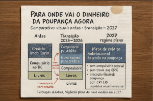 Comparativo do destino da poupança habitacional antes da mudança, durante a transição 2025 a 2026 e no regime pleno em 2027, mostrando a conversão do compulsório em crédito e a nova meta baseada no saldo da poupança.