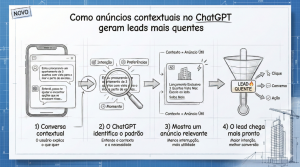 Infográfico em sketch sobre blueprint explicando anúncios contextuais no ChatGPT em 4 passos: conversa, identificação de intenção, anúncio relevante e lead quente.