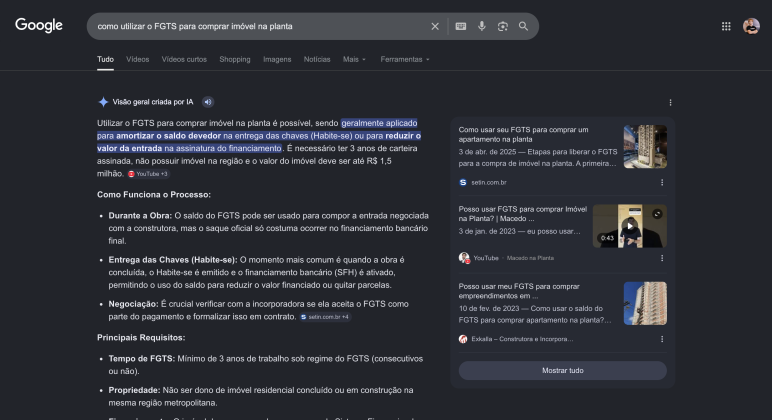 Nesse exemplo de Google AI Overviews o usuário faz uma pergunta e não é redirecionado para um site