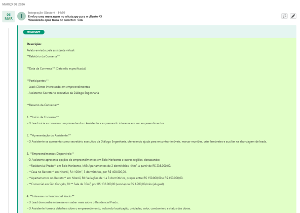 O CV CRM com IA funciona de forma bidirecional: a MIA atende e deixa relatos e registros no CRM