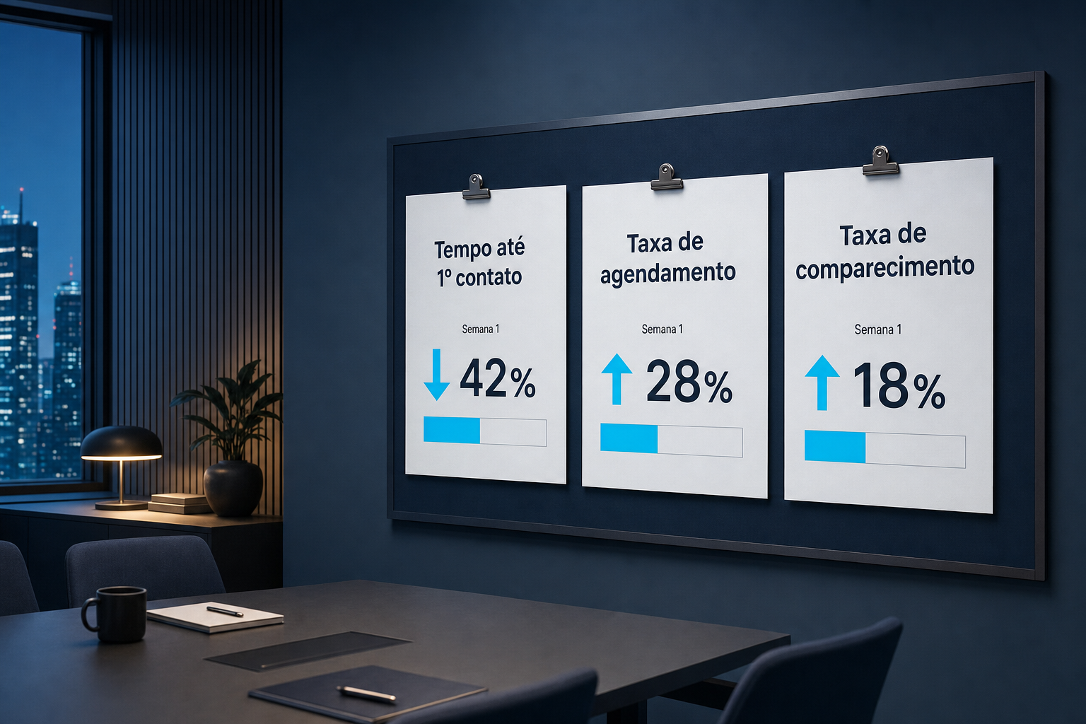 Painel de métricas da primeira semana para avaliar o Agente de IA Quinto Andar: tempo até 1º contato, taxa de agendamento e taxa de comparecimento em uma sala de operações de vendas.