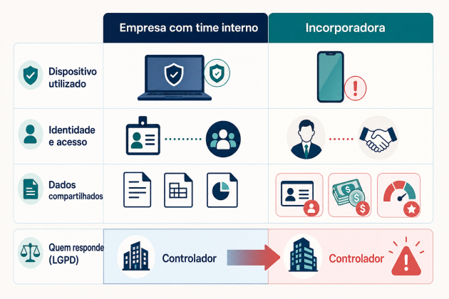 Ilustração sobre shadow ai incorporadora comparando risco imaginário (segredo de negócio) e risco real (PII na janela de contexto e alucinação no WhatsApp).