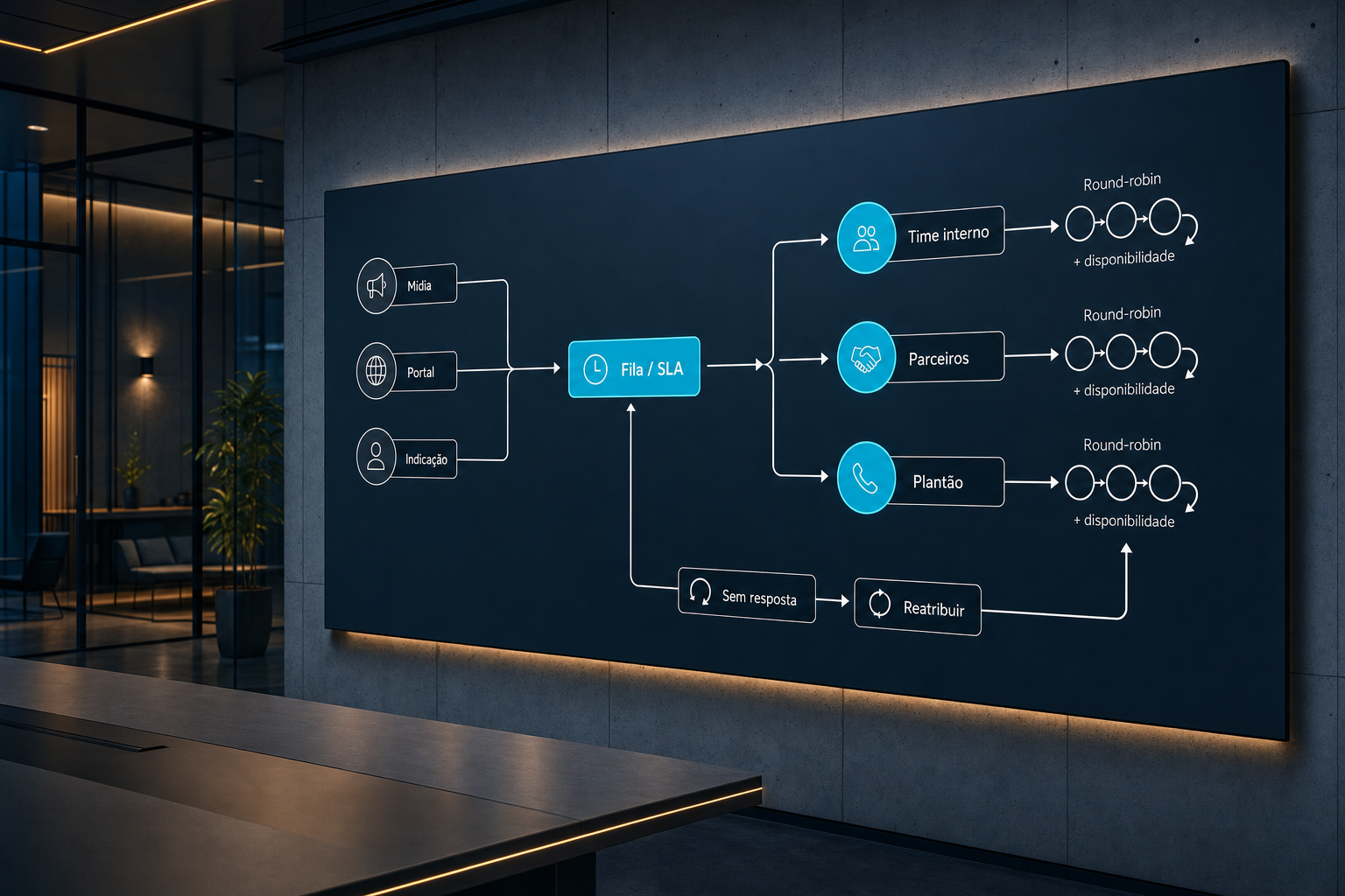 Diagrama de crm para loteadora com distribuição de leads entre time interno, corretores parceiros e plantão, com fila, SLA e regra de reatribuição.