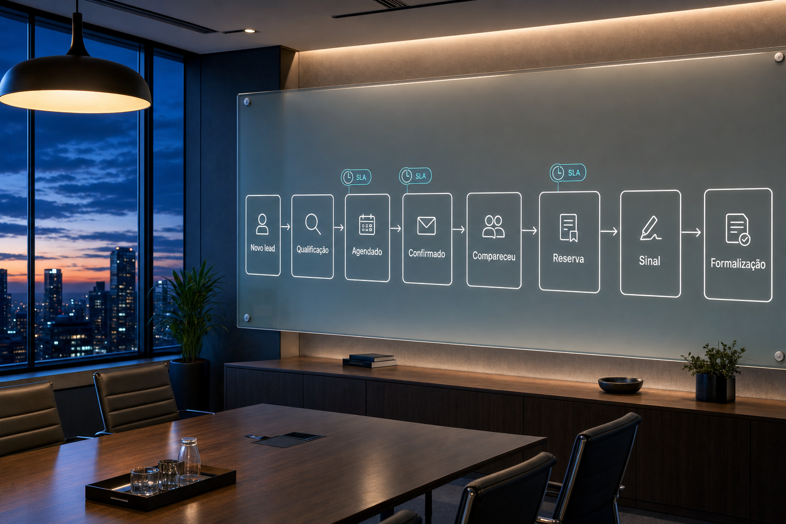 Ilustração do crm para loteadora mostrando um funil com etapas específicas (agendamento, comparecimento, reserva, sinal e formalização) em um quadro de vidro em sala de reunião.