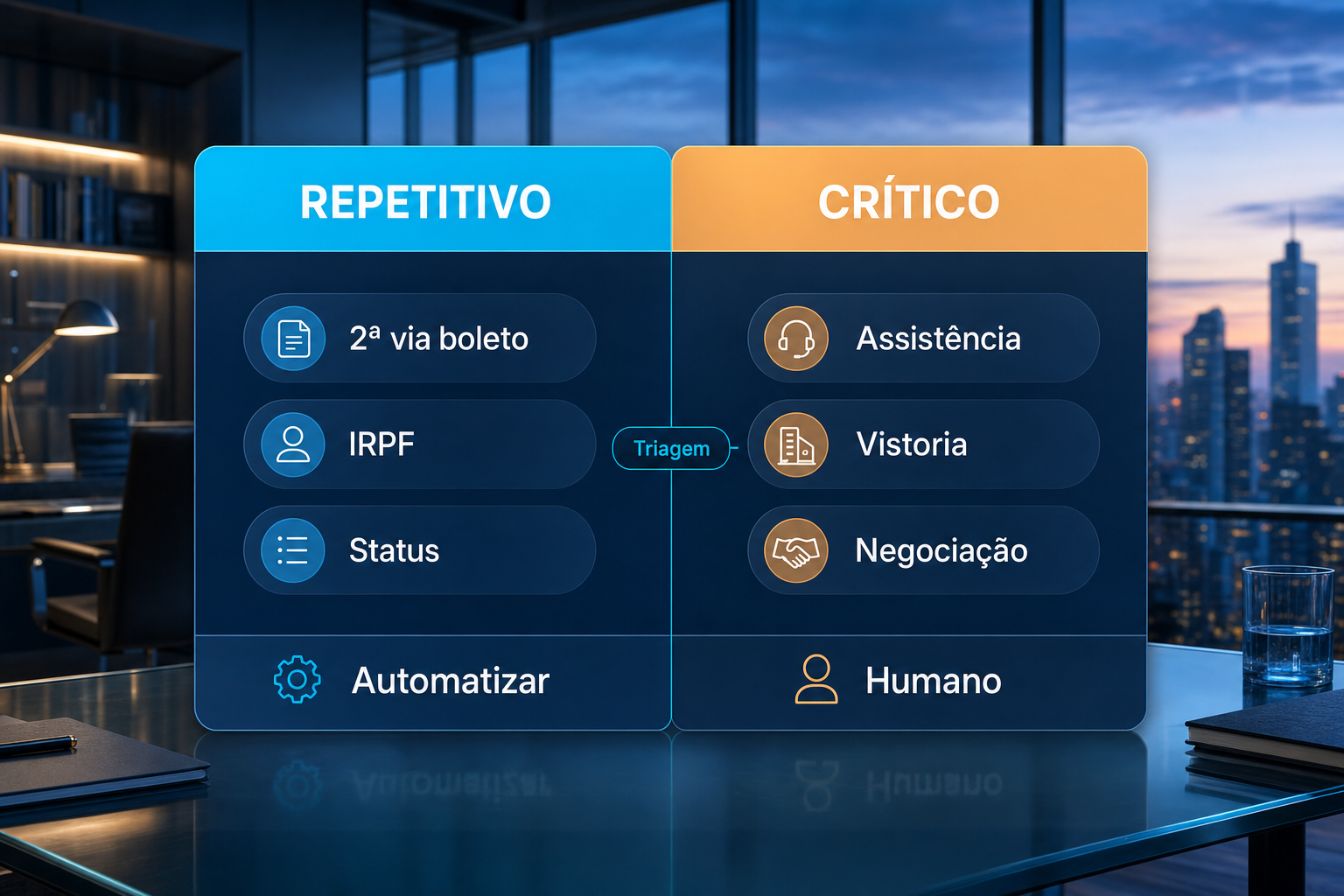 Comparativo no pós-venda de incorporadora: demandas repetitivas para automatizar versus casos críticos que exigem atendimento humano.